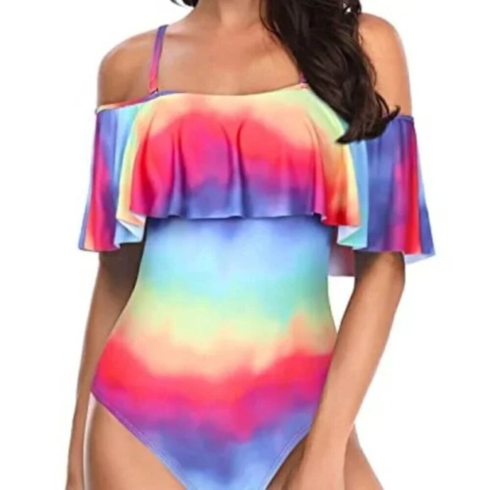 TEMPT ME RAINBOW OFF SHOULDER FLOUNCE RUFFLE CUT OUT FRONT SWIMSUIT SIZE MED NWT
